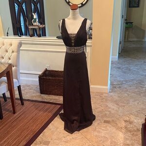 Riva Designs Brown Prom Dress with Bedazzled Waist